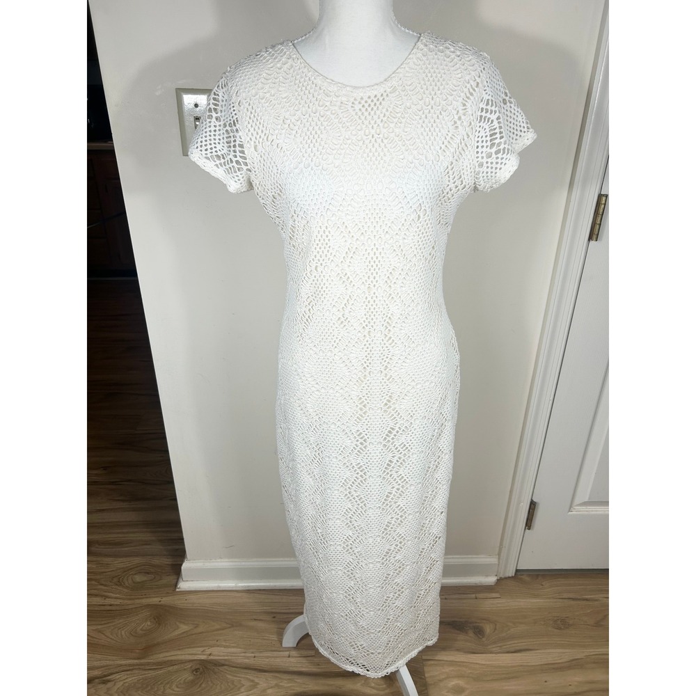VTG‎ Newport News Crochet Lace Maxi Dress Sz 6P Cream Y2K 90s Romantic Beachside